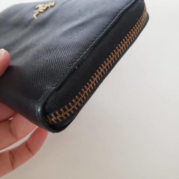Prada Long Wallet Leather Zipper Black Zip Around Italy Continental Logo Clutch - Picture 6 of 13